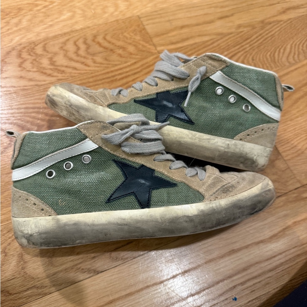 Golden Goose Green and Tan Mid-Star Sneakers